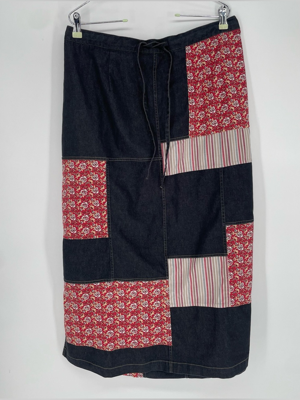 80s 90s Koos Of Course! Patchwork Denim Style Midi Skirt Elastic Waist Cotton - Picture 2 of 15